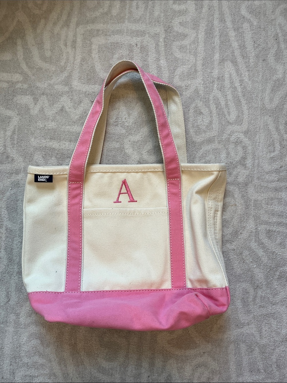 Lands' End Cream Canvas Tote with Pink Trim and Monogram
